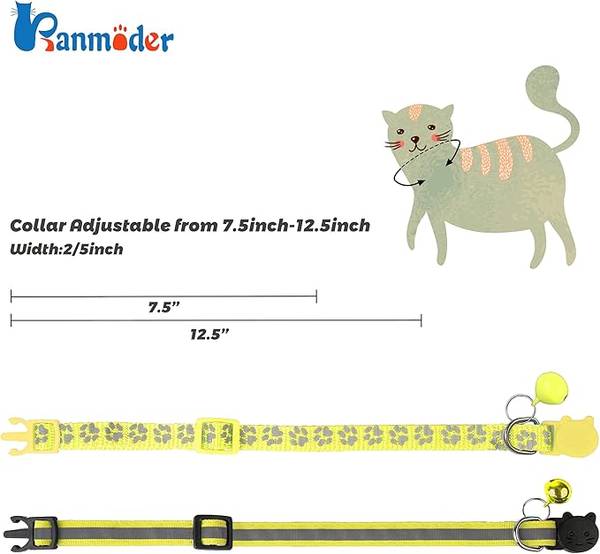 BANMODER 2 Pack Reflective Cat Collar Breakaway with Bell,Personalized Kitten Collars,Adjustable Safety Buckle Collar for Male Cats Girls & Boys (Yellow)