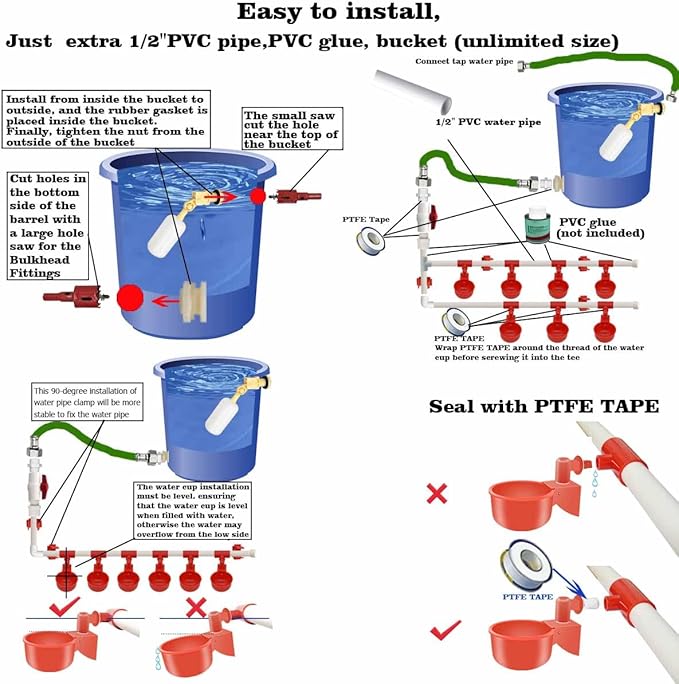 Complete Set Pipeline Automatic Chicken Waterer System(58 Accessories Included)Chicken Water Cups, Chicken Waters,Poultry Waterer,Chicken Watering System,with PVC Pipeline,Float Valve and Garden Hose