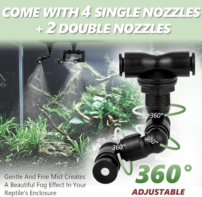 LANUEVA Reptile Humidifier, Quieter Mister Fogger for Terrarium with 4 Single Misting Nozzle + 2 Double Misting Nozzle, Automatic Spray System for Chameleon, Lizard, Snake, Frog (with Outlet Timer)
