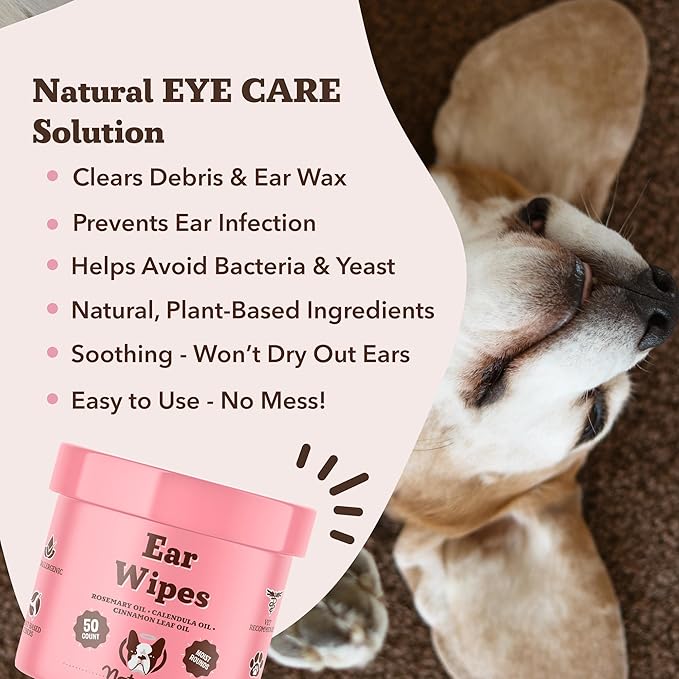Natural Dog Ear Wipes (50 Ct) Essential Oil Infused Hygenic Dog Ear Cleanser for Dogs, Reduces Odor, Soothing Calendula, Aloe Vera, Witch Hazel, Dog Ear Itch Relief, Vegan