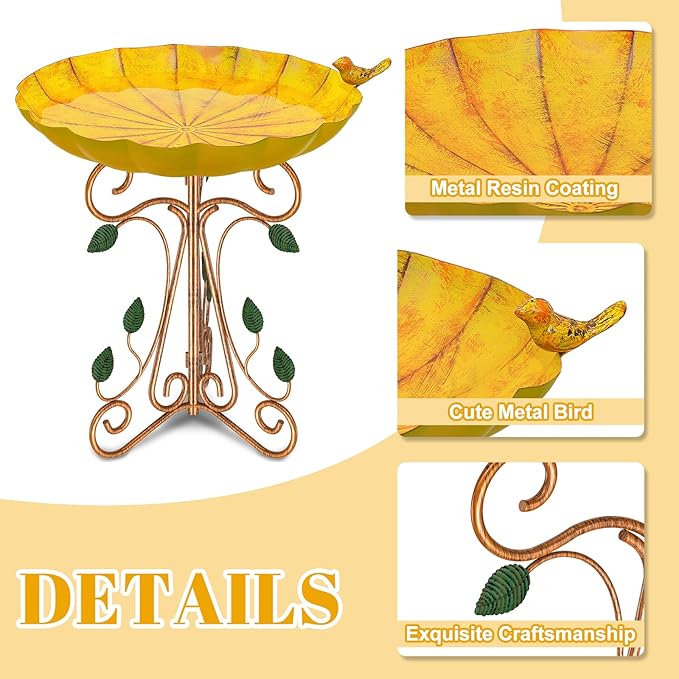 Vintage Metal Bird Bath for Outside, 13" Dia Birdbaths Bowl with Cast Iron Pedestal, Large Antique Bird Feeder with Folding Bracket for Outdoors Garden Patio Yard Decor (Retro Yellow)