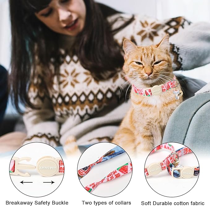 ARING PET 2 Pack Cat Collar-Cute Cotton Cat Collar with Bell & Pendant, Adjustable Summer Kitten Collars with Safety Buckle for Girl Pets