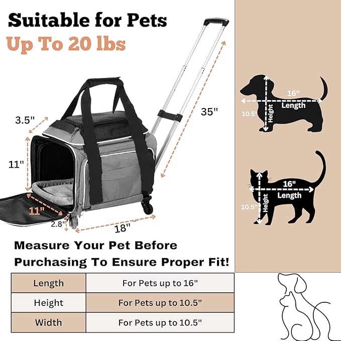 Airline Approved Top-Expanding Pet Carrier on Wheels- Extra Spacious Soft Lined Carrier! 18x11x11 (Grey, Expanding Sides)
