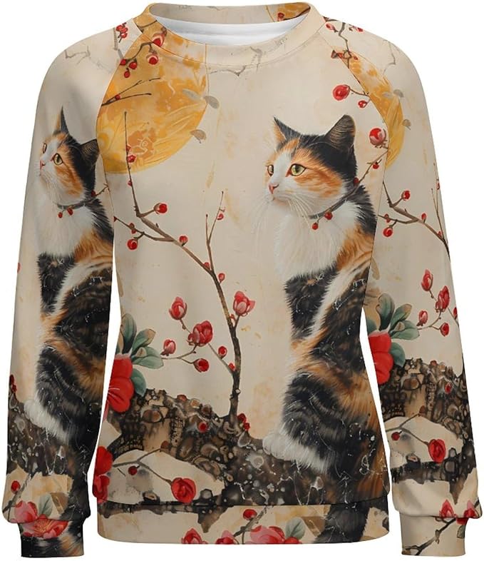 Womens Long Sleeve Tops Y2k Japanese Art Print Sweatshirts Fall Pullover for Women Crewneck Vintage Shirts Boho Tops