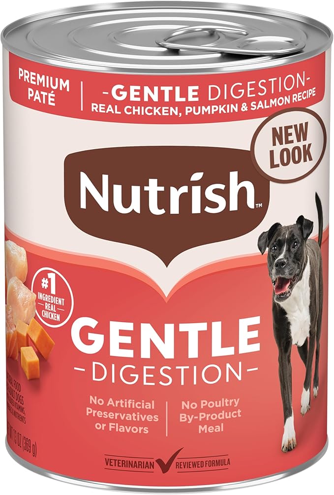 Nutrish Gentle Digestion Premium Paté Wet Dog Food, Real Chicken, Pumpkin & Salmon Recipe, 13 oz. Can, 12 Count (Rachael Ray)