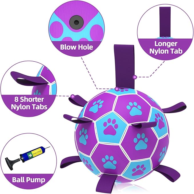 QDAN Dog Ropes Toys Soccer Ball with Straps, Puppy Birthday Gifts, Tug of Toy, Water Toy, Durable Balls for Dogs, Medium Small Breed, 6 Inch