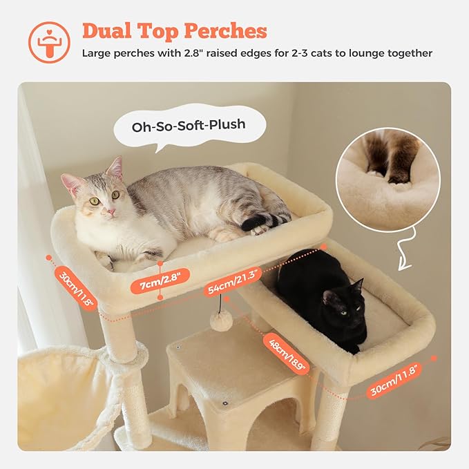 Large Cat Tree for Big Cats & Multi-Cat Homes, 81 Inch Tall Cat Tower with Sturdy Metal Hammock, 6 Sisal Scratching Posts, 2 Cozy Condos, 2 Top Perches - Multi-Level Cat Tower, Beige