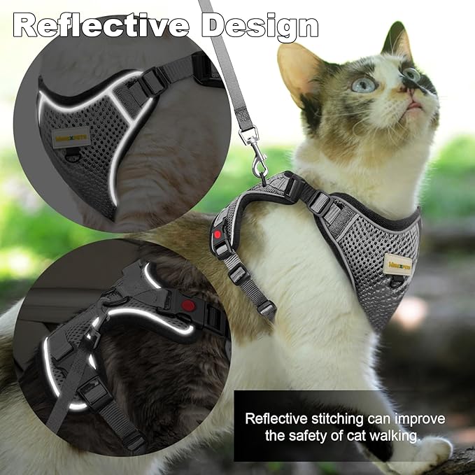 Cat Harness and Leash for Walking, Retractable Cat Harnesses and Leash Set Escape Proof, Breathable Soft Kitten Small Large Harness for Travel Training and Walking, Grey, XXS