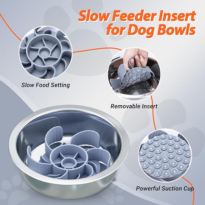 Stainless Steel Dog Bowls with Suction Base 2 Pack,Non-Slip Pet Food and Water Bowls Set with One Slow Feeder Insert for Tile/Hardwood/Smooth Floors
