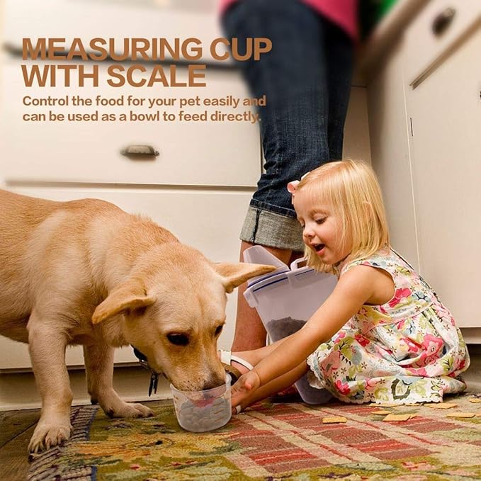 Dog Food Storage Container Small, Cat Food Storage Container Airtight Plastic Dispenser with Graduated Measuring Cup, Pourable Spout and Portable Collapsible Dog Bowl for Pet Food, Birds Seed