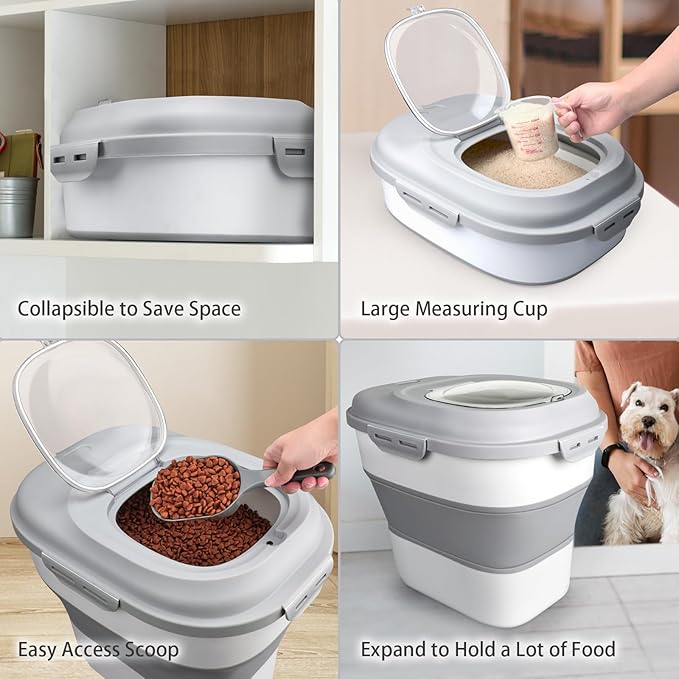 Rice Storage Bin Cereal Containers, 13-50lb Collapsible Rice Container Dispenser with Transparent Lid, Rolling Wheels, Measuring Cup and Scoop, Airtight Dog Cat Pet Food Storage Container White
