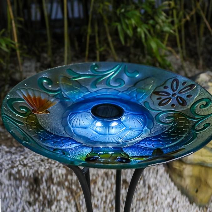 MUMTOP Glass Bird Bath, Bird Baths for Outdoors, Solar Birdfeeder with Metal Stand for Garden, Yard, Lawn Decor sea Turtle Pattern(Blue, 21.5"X18")