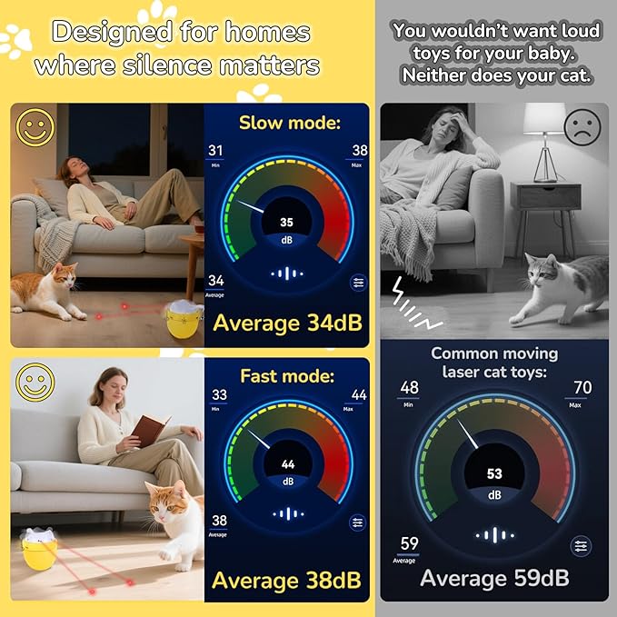 Cat Laser Toy Automatic with Dual Beams, Quiet 35–38dB Rotation, Wobble Base & 3 Modes –– Interactive Laser Automatic Cat Toy for Indoor Cats and Kittens Fun Play