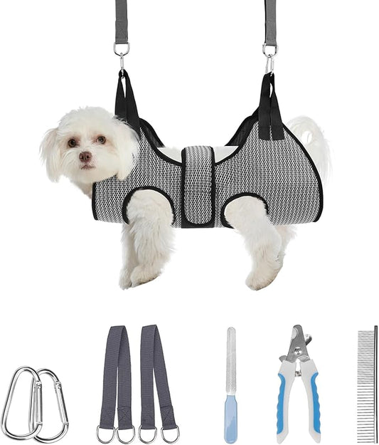 PAWCHIE Dog Grooming Hammock Harness for Dogs & Cats with Pet Nail Clipper Trimmer- Breathable Cat Hanger Sling for Trimming Clipping Nails-Dog Hammock Restraint Bag for Small Medium Large Dog,Grey XS