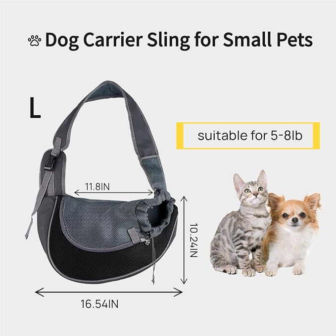 Pet Dog Sling Carrier, Hand Free Drawstring Dog Papoose with Adjustable Strap, Breathable Mesh Bag for Puppy Cat, Crossbody Satchel Dog Purse with Pocket for Outdoor L(up to 8 lbs)