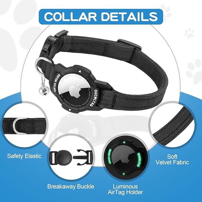 Luminous AirTag Cat Collar Breakaway, OUCWLTAG GPS Cat Collar with Apple Air Tag Holder, Cat Tracker Collars with Safety Elastic Band for Girl Boy Cats, Kittens and Puppies (Black, 9-13 Inch)