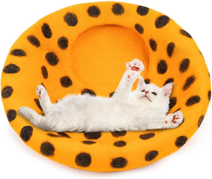 Woolygon Premium Felt Cat Cave Bed - Polka Dot Series - Wool Kitty Beds Handcrafted Kitten Caves Bed for Indoor Cats - Eco-Friendly Merino Wool, Foldable Cat Hideaway Cat Houses (Orange/Black Dots)