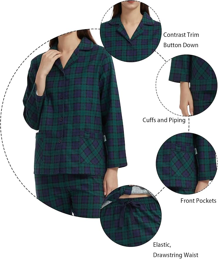 GLOBAL Flannel Pajamas for Women 2-Piece Comfy and Cozy Flannel Pj Set Cotton Loungwear