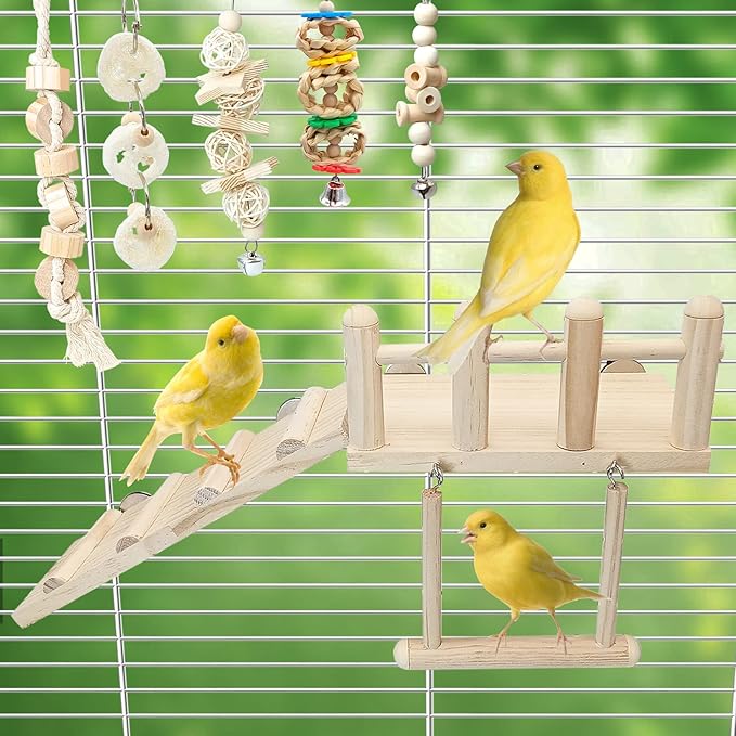 Hamiledyi 13Pcs Parrot Swing Chew Toys Bird Perches Platform with Climbing Ladder Hanging Cage Accessories for Parakeet, Conure, Finch, Lovebirds, Budgie, Canary Standing