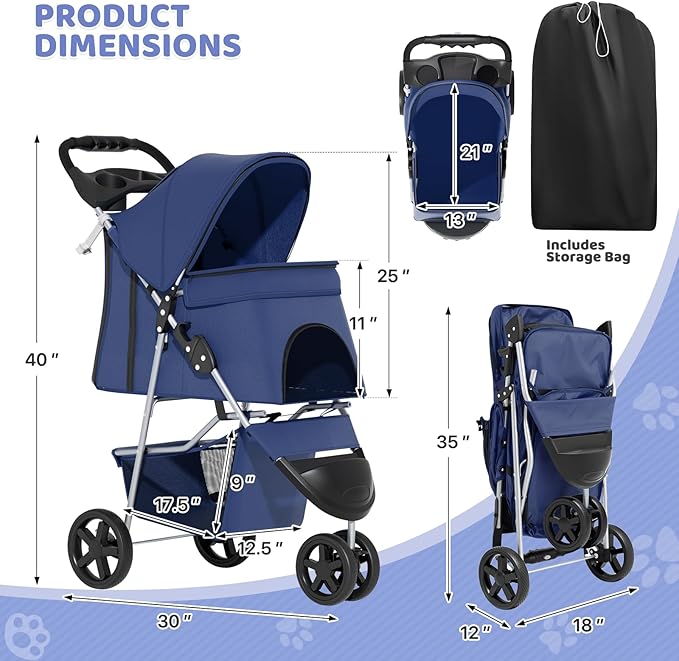 Magshion 3-Wheel Pet Stroller, Foldable Travel Jogger for Small & Medium Dogs & Cats (Up to 33lbs), Lightweight Carrier with Breathable Mesh Cover, Cup Holder & Storage Basket, Navy Blue