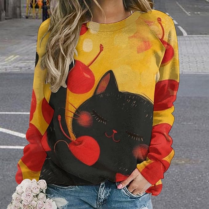 Long Sleeve Shirts for Women Cat Oil Painting Shirt 3D Graphic Sweatshirts Fall Pullover Crewneck Vintage Boho Tops