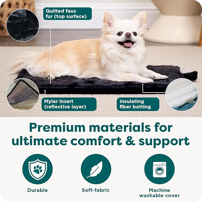 Furhaven ThermaNAP Self-Warming Cat Bed for Indoor Cats & Small Dogs, Washable & Reflects Body Heat - Quilted Faux Fur Reflective Bed Mat - Black, Small