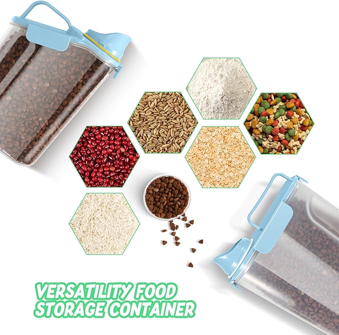 Dog Food Storage Container, Upgraded Large Nozzle BPA-free, (3LBS +5LBS) Plastic Pet Food Storage Containers, With 4 Sealed Clasps, 1 Measuring Cup and Handle (Bright blue)