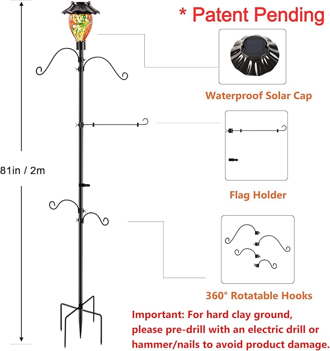 LUJII Solar Shepherds Hooks for Outdoors, Bird Feeder Pole with 4 Adjustable Hangers and 1 Flag Holder, Garden Stand for Hummingbird Feeders, Wind Chimes, Plant Baskets, Lanterns (Red)