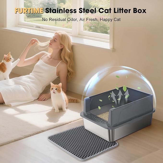 FURTIME Stainless Steel Cat Litter Box with Lid – High-Sided Metal Litter Pan for Small Cats, Kitty Litter Box Non-Stick, Odor-Resistant, Anti-Urine Leakage, Easy to Clean, Includes Scoop and Mat