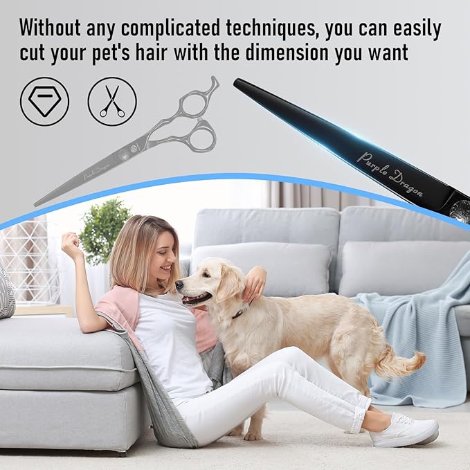 Purple Dragon Dog Grooming Scissors Set - Thinning, Straight, Up & Down Curved Scissors and Comb, 7 Inch Black Shears with Adjustable Screw for Dogs and Cats