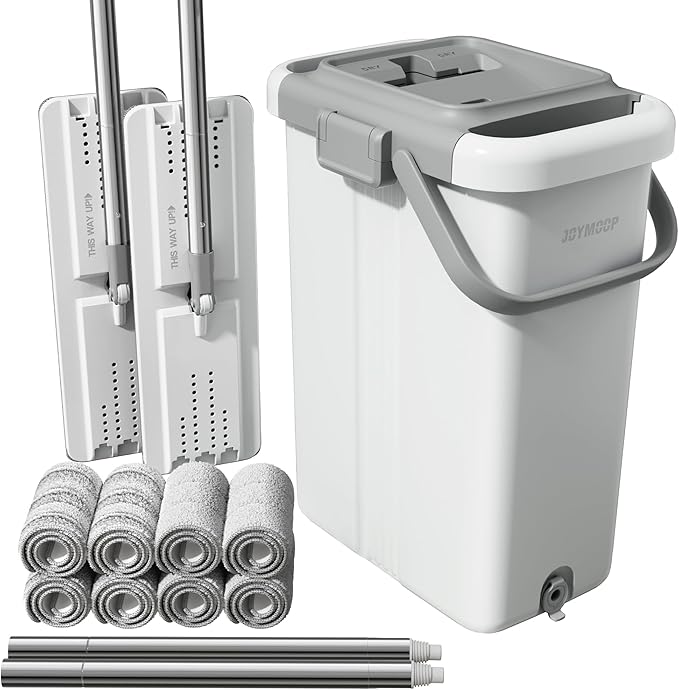 JOYMOOP Mop and Bucket with Wringer Set for Floor Cleaning and Wall Cleaner, Flat Mop and Bucket System Set with 2 Mops and 8 Large Microfiber Pads - White