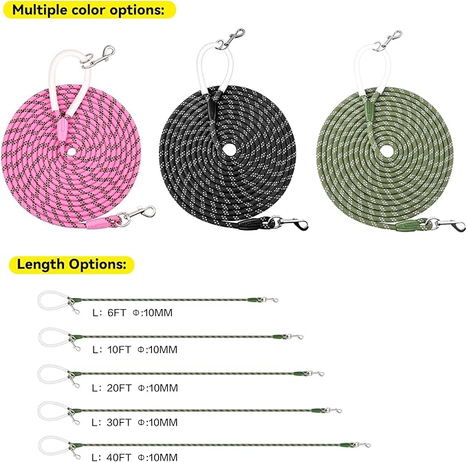 Nylon Dog Leash 6FT 10FT 20FT 30FT Diameter 2/5 Inch with Comfortable Silicone Handle Highly Reflective No Tangle for Medium Large Dogs Outside Walking Camping Backyard. (Green, 20FT)