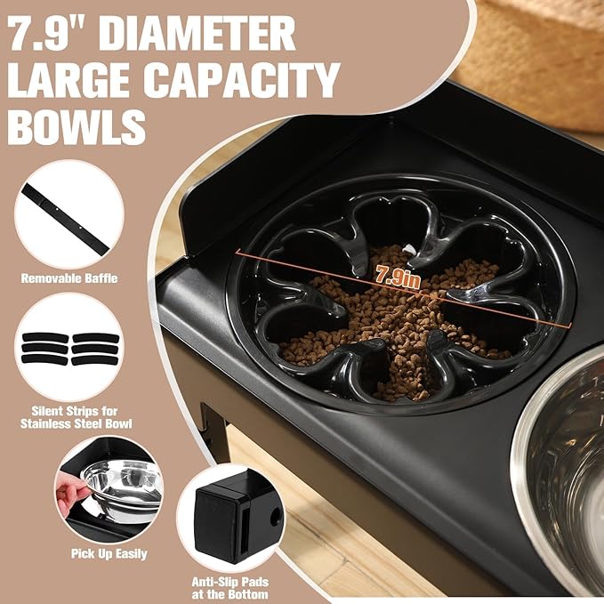 BINGPET Elevated Dog Bowls,Raised Dog Bowl,6 Heights Adjustable Stand,Non-Slip and Non-Spill Food Bowl for Small Medium Large Dogs