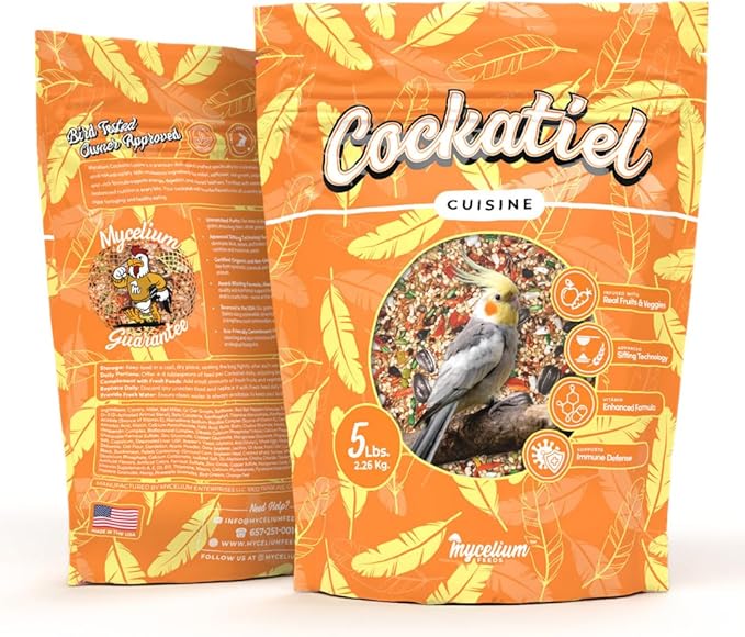 Mycelium Cockatiel Cuisine (5 LB Bag) | Organic Bird Seed w/Fruits, Veggies & Added Vitamins | Immune-Supporting, Nutrient-Rich Daily Blend for Cockatiels | Non-GMO, No Fillers, Made in USA