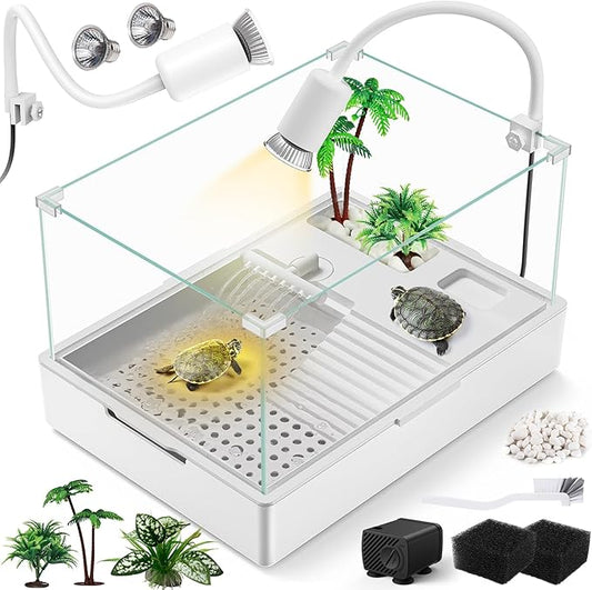 Large Turtle Tank Kit(Tank + Light + Water Pump), Acrylic Turtle Tank Starter Kit with Two Rain Shower Head, Adjustable Water Pump, Higher Fences (Kit-S)