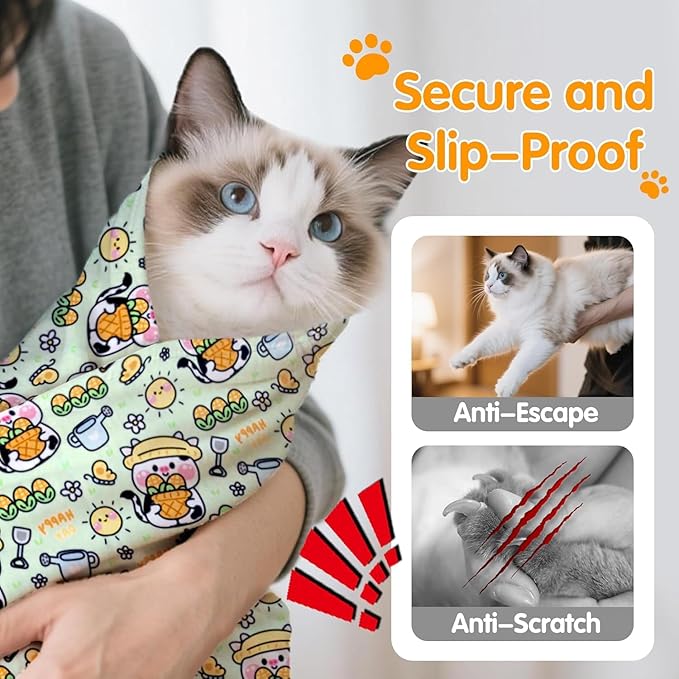 Cat Wrap for Cutting Nails, 27.6''x 27.6'' Self-Adherent Cat Grooming Wrap with Nail Clipper, Anti-Escape Calming Cat Swaddle Wrap for Medicine, Nail Clipping, Teeth Brushing, Ear Cleaning