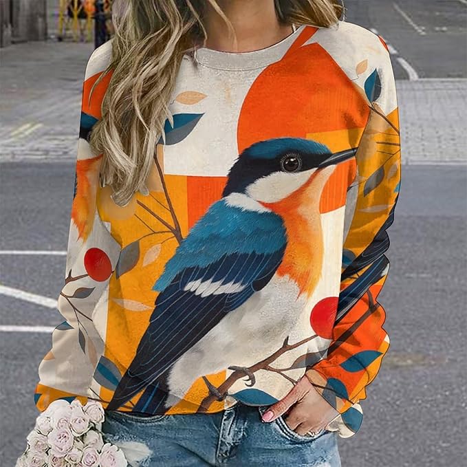 Womens Long Sleeve Tops Y2k Japanese Art Print Sweatshirts Fall Pullover for Women Crewneck Vintage Shirts Boho Tops