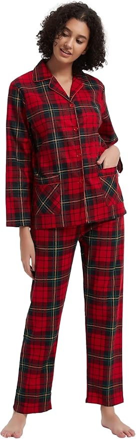 GLOBAL Flannel Pajamas for Women 2-Piece Comfy and Cozy Flannel Pj Set Cotton Loungwear