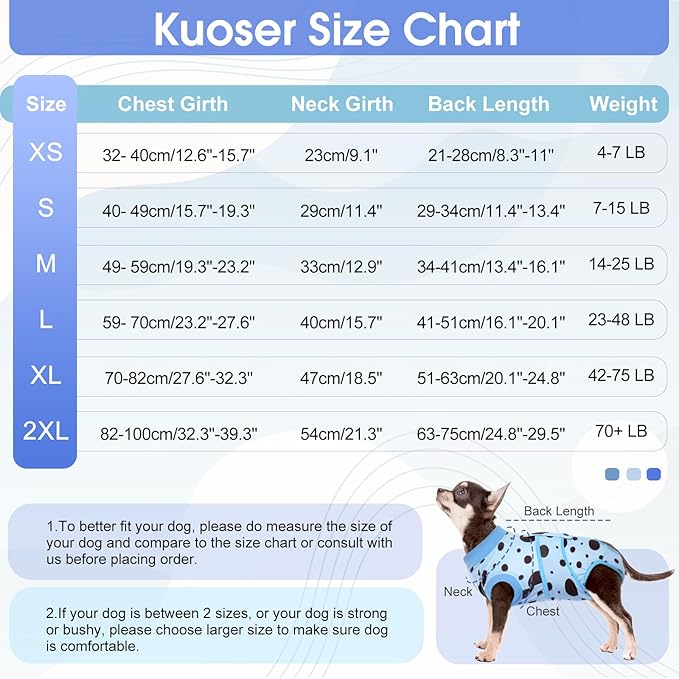 Kuoser Dog Surgery Recovery Suit, Anti Licking Pet Surgical Suit for Dogs Male Neuter, Female Dog Surgery Suit for Spay Subsititute E-Collar Cone, Dogs Body Suits After Surgery Blue Polka Dot 2XL