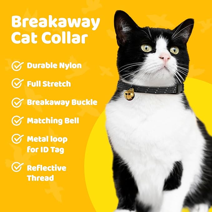 BirdsBeSafe® Break Away Cat Collar with Bell, Reflective Thread for Night Visibility, Comfortable Elastic Stretch Cat Collar to Protect Cat from Getting Stuck in The Garden.