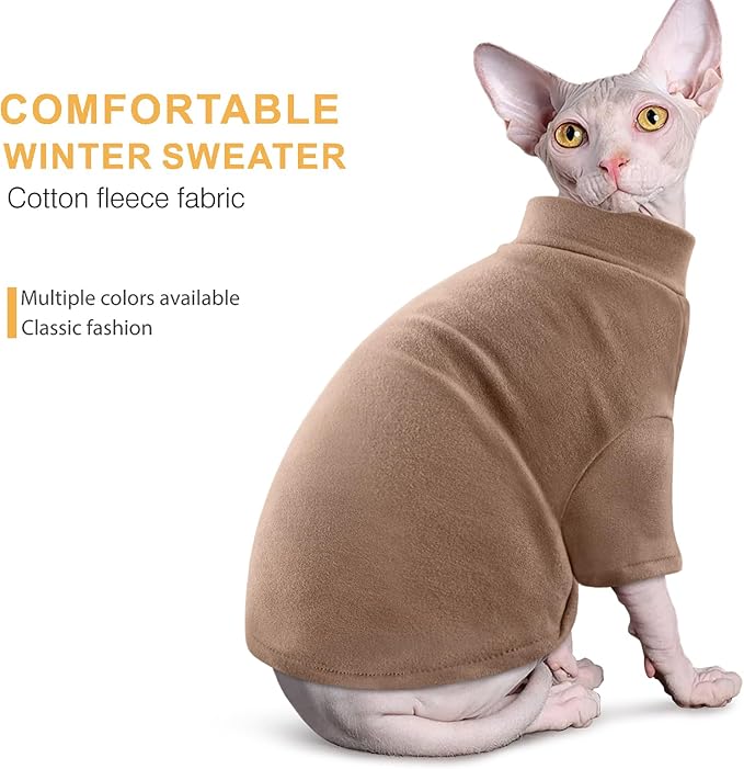 Idepet Sphynx Cats Sweater 2 Pack,Turtleneck Hairless Cat Shirt Soft and Warm Kitten Clothes with Sleeves Pullover Pet Winter Pajamas Jumpsuit for Cat Puppy (Purple&Brown, Small)