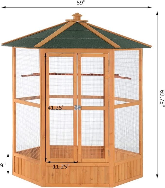 PawHut 69" Large Wooden Hexagonal Outdoor Aviary Flight Bird Cage with Covered Roof, Brown