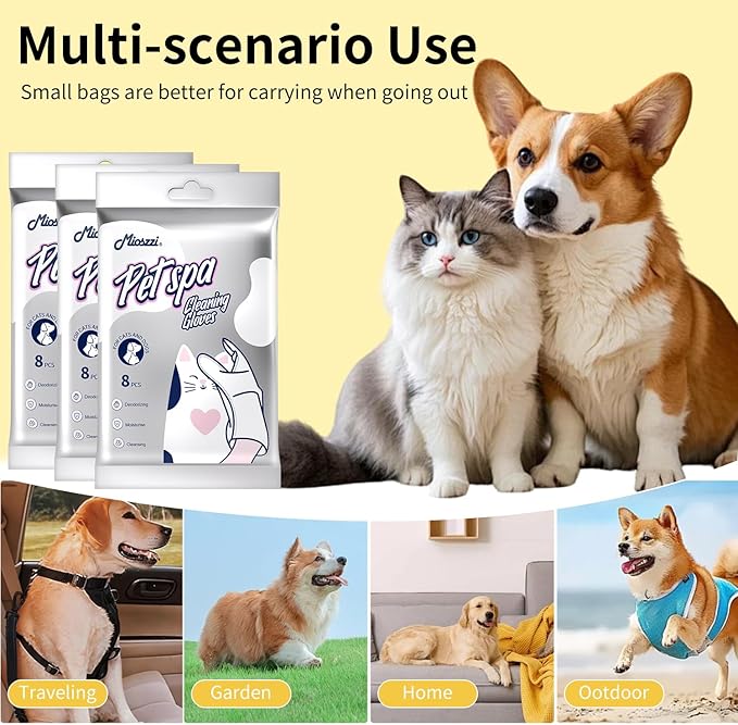 MIOSSZI 24 PCS Pet Gloves Wipes for Dogs & Cats Wipes Cleaning Deodorizing Hypoallergenic No-Rinse Pet Grooming Wipes Unscented Extra Thick Bathing Wipes for Pet Dry Cleaning Daily Care and Travel