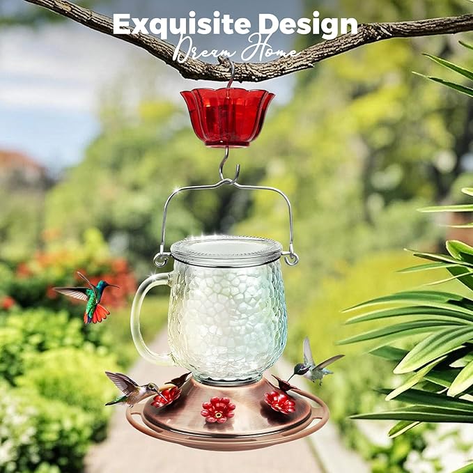 Kingsyard Glass Hummingbird Feeders for Outdoors, 16 Oz Wild Bird Feeder 6 Feeding Ports & Ant Moat Included, Hanging Bird Nectar Feeder for Garden Tree Yard Outside Decoration, Clear
