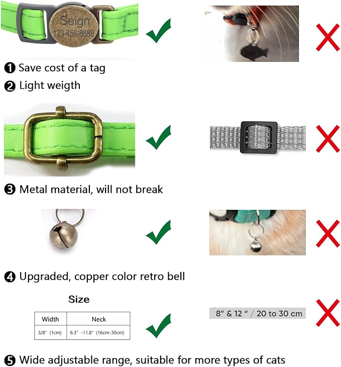 Cat Collar Breakaway, Personalized Leather Cat Collar with Bells-Adjustable Customized Collar with Name & Phone Number Tag for Girl Boy Cats-Quick Release Buckle for Cats & Kittens(LimeGreen)