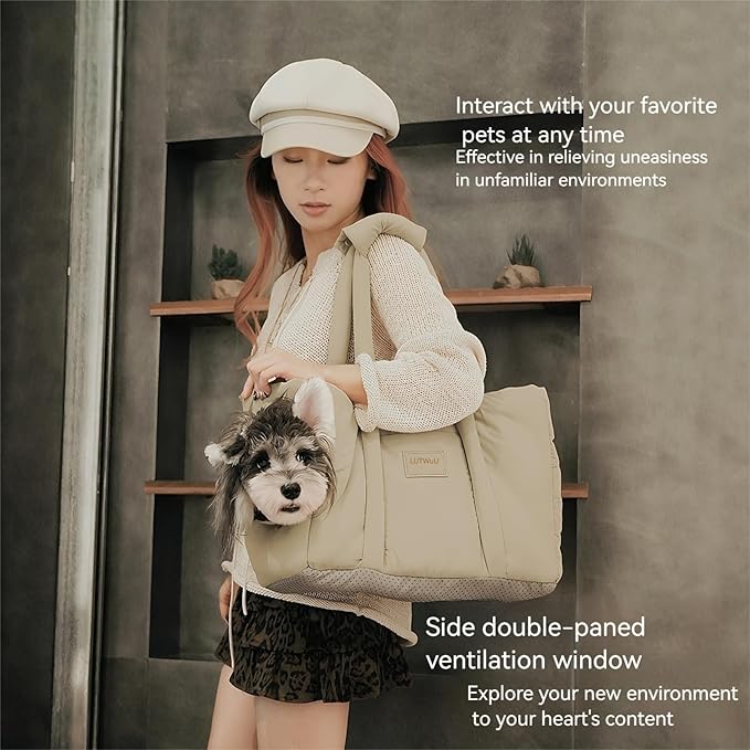 Dog Walking Bag Sling, Dog Carrier Purse with Safety Leash Clip,Warm Soft Sided Pet Carrier Purse for Small Medium Dogs Cats Portable Hands-Free Shoulder Tote for Outdoor Travel (Light Khaki)