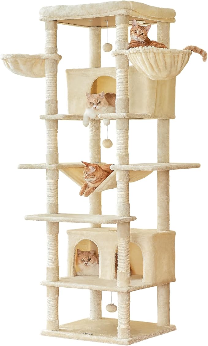 MWPO Extra Large Cat Tree, 77.6-Inch Tall Cat Tower for Indoor Cats with 2 Condos, Multi-Level Cat Stand for Large Cats, 3 Hammocks, Wide Perch, Scratching Posts, Dangling Toys, Beige