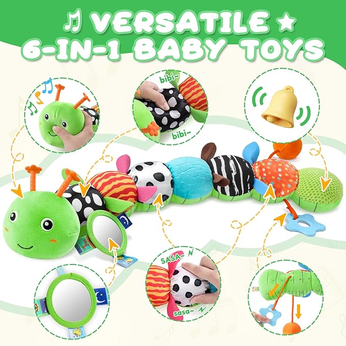 Baby Toys 0-6-12 Months,Musical Caterpillar Stuffed Animals Activity Infant Toys with Crinkle,Rattles,Mirror&Pull String,Muti-Sensory Toys Gifts for Newborn Tummy Time,Kelly Green|Leafy