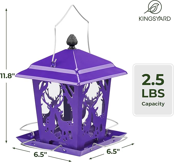 Kingsyard Metal Bird Feeder for Outdoor Hanging - Unique Design Wild Bird Hopper Feeder with 4 Perches and Rainproof Roof, Purple