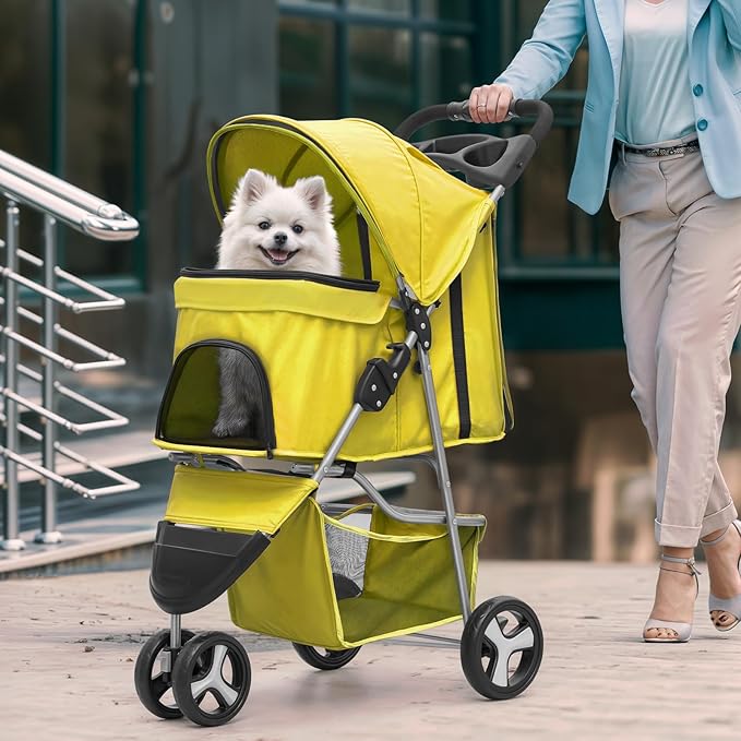 Magshion 3-Wheel Pet Stroller, Foldable Travel Jogger for Small & Medium Dogs & Cats (Up to 33lbs), Lightweight Carrier with Breathable Mesh Cover, Cup Holder & Storage Basket, Yellow
